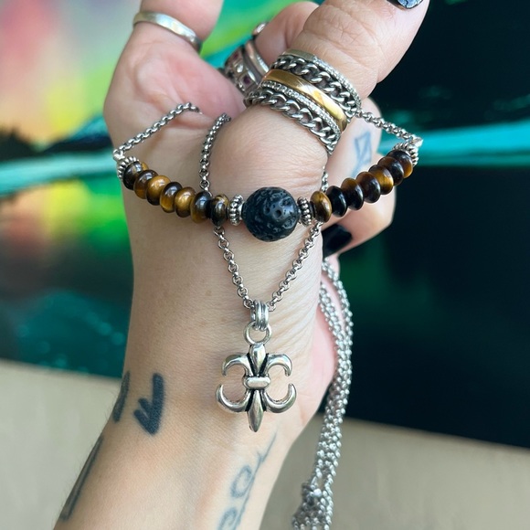 Set ! Fleur de lis / lys lily flower tiger eye necklace + earrings boho gems - Picture 11 of 16